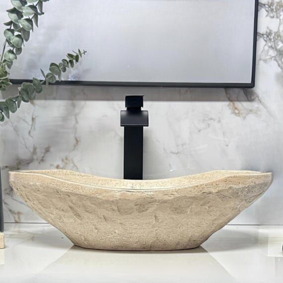 Oval Travertine Bathroom Sink – Hand-Carved...