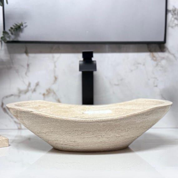 Oval Travertine Vessel Sink - Handmade Natura...