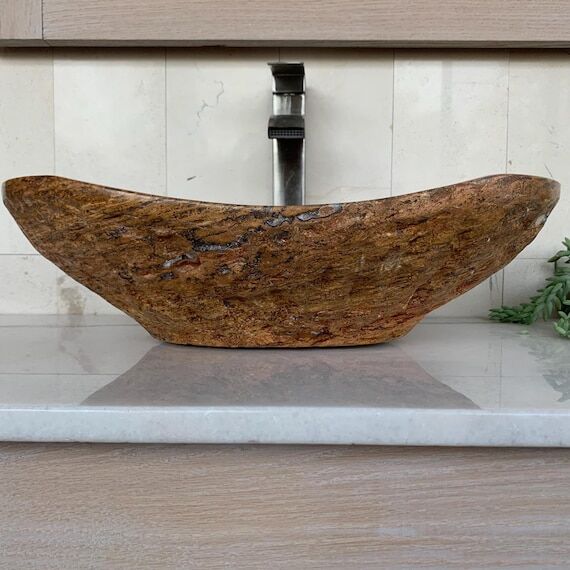 Handmade Rustic Oval Red Travertine Sink with...