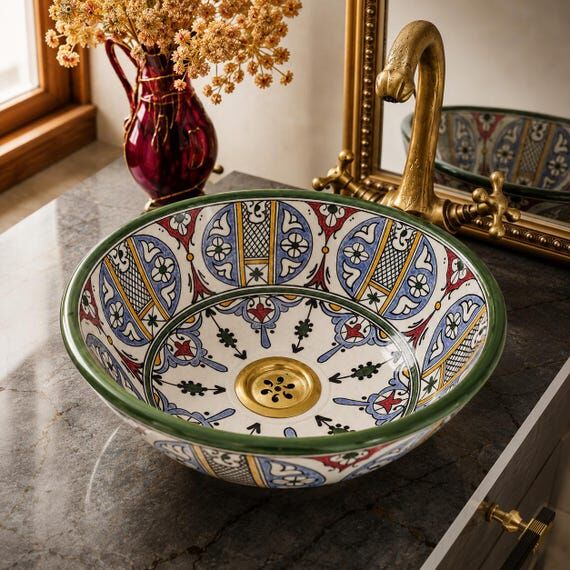 Handmade Moroccan Ceramic Vessel Sink, Hand P...