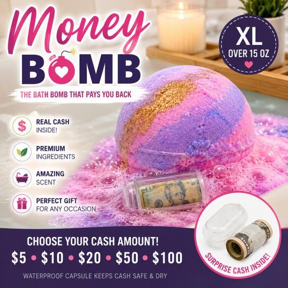 Money Bomb Bath Bomb With Cash Inside | Gift...