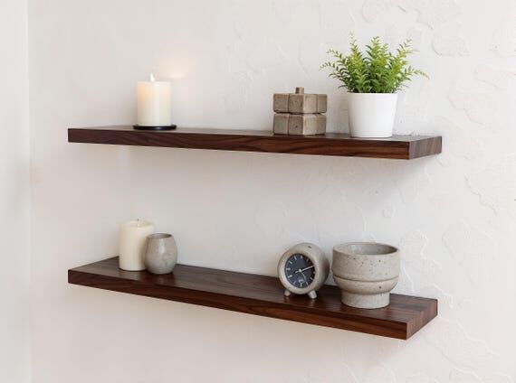 Wood Long Shelf, Dark Floating Shelf, Handmad...