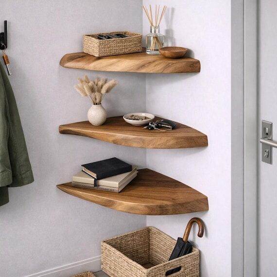 Walnut Corner Shelf: Rustic Floating Entryway...