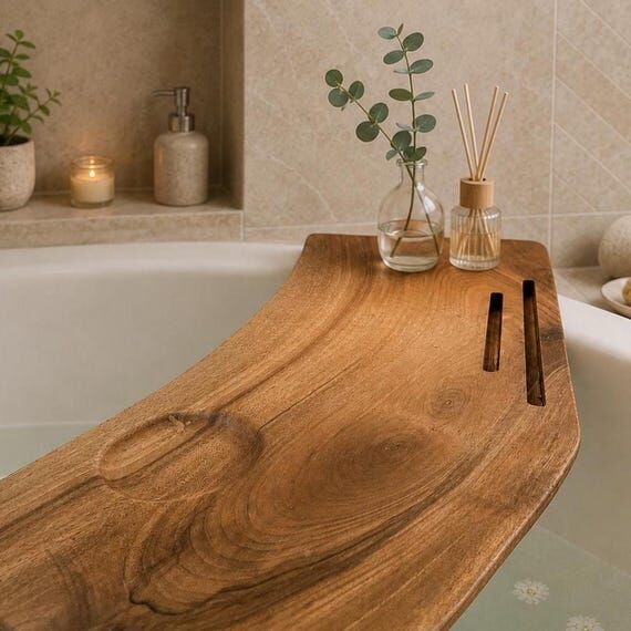 Bathtub Tray Walnut Natural Wood Handmade Bat...