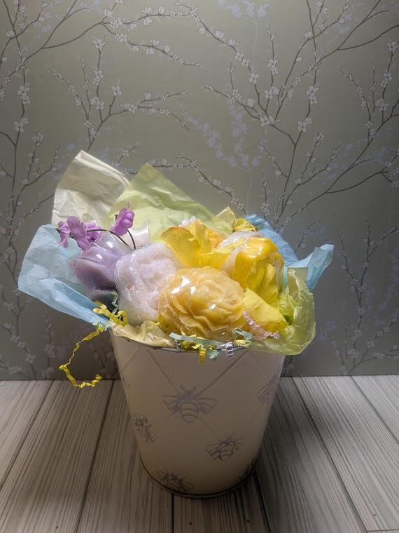 Handmade Floral Soap Bouquet in Bee Tin: Spri...