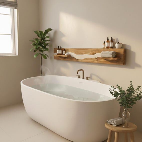 Olive Wood Spa Panel, Ivory Resin River, Bath...