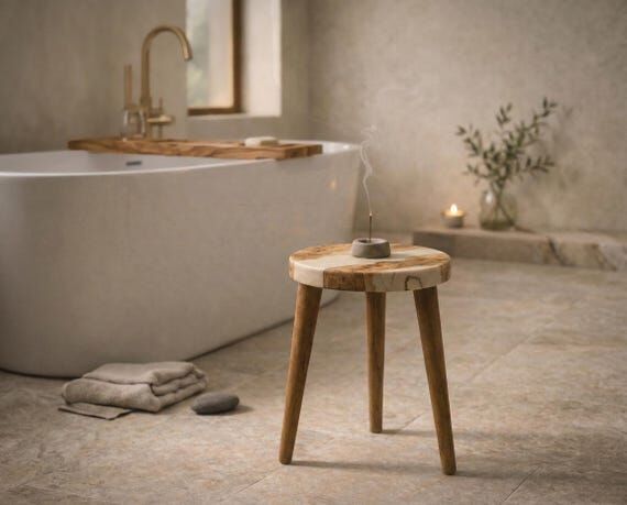 Olive Wood Spa Stool - Decorative Wooden Side...
