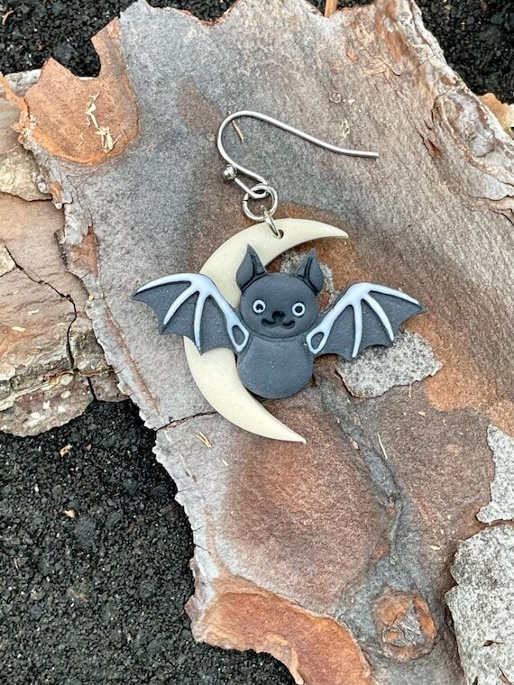 Skeleton Bat Earrings on Crescent Moon or ful...