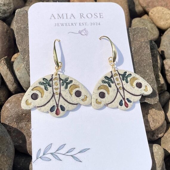Festival Lunar Moth Earrings: Hand Painted Cl...