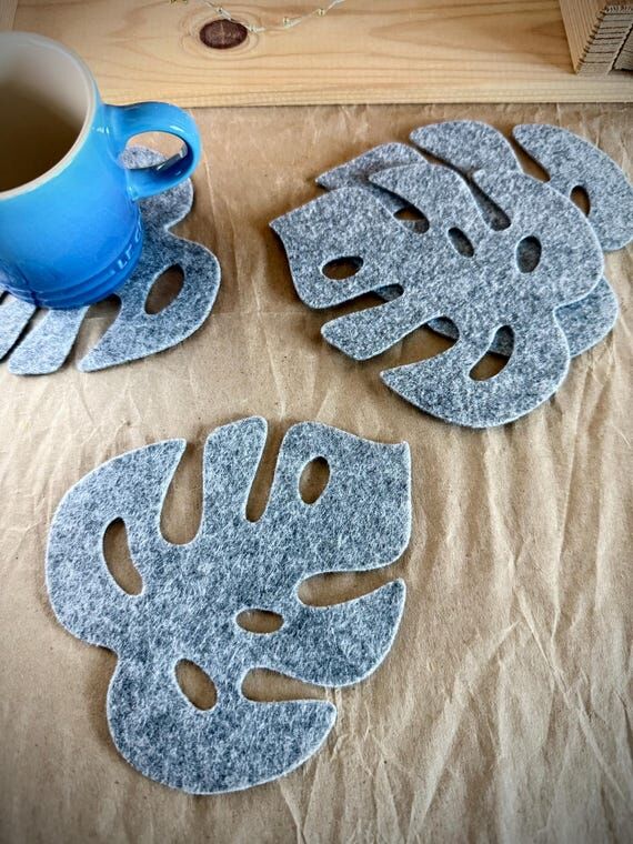 Set of 4 Grey Felt Monstera Leaf Coasters –...