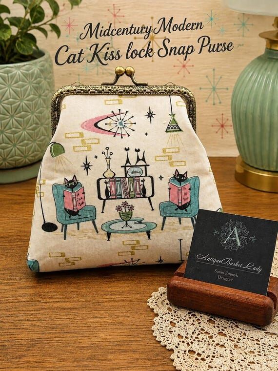 Midcentury Modern Cat Kiss lock (No Social Media) Purse, ...