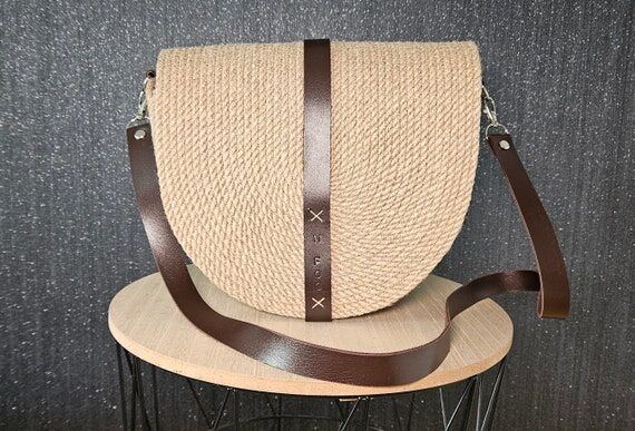 Handmade jute cord bag/removable leather hand...