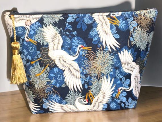 Japanese Crane Makeup Bag: Handmade Cotton Co...