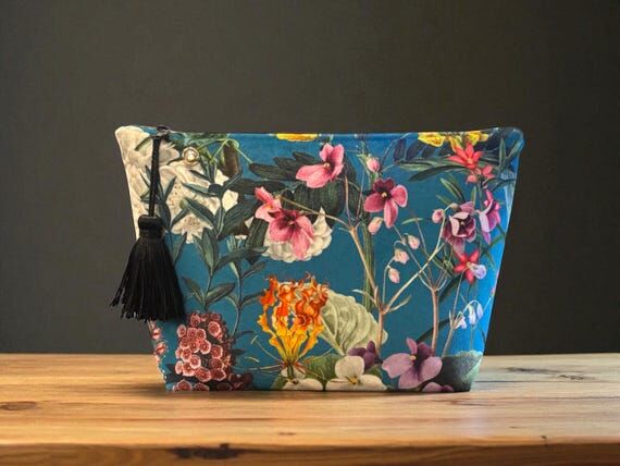 Turquoise floral velvet makeup bag, storage, ...