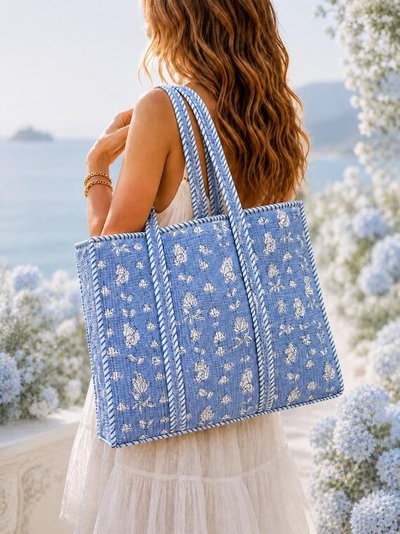 Blue Floral Zippered Tote Bag| Quilted Tote |...