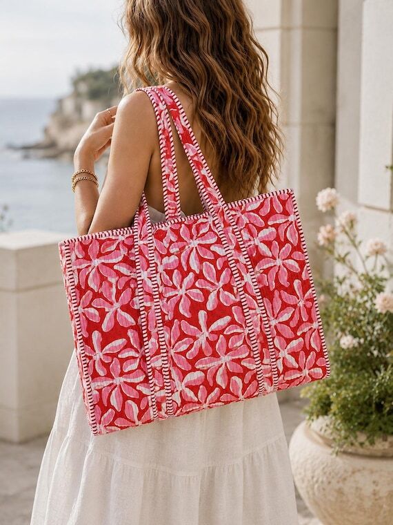 Red Pink Floral Zipper Tote Bag| Large Hand B...