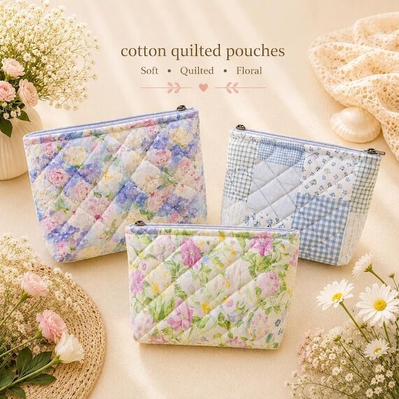 Quilted Floral Zipper Pouch, Cotton Makeup Ba...