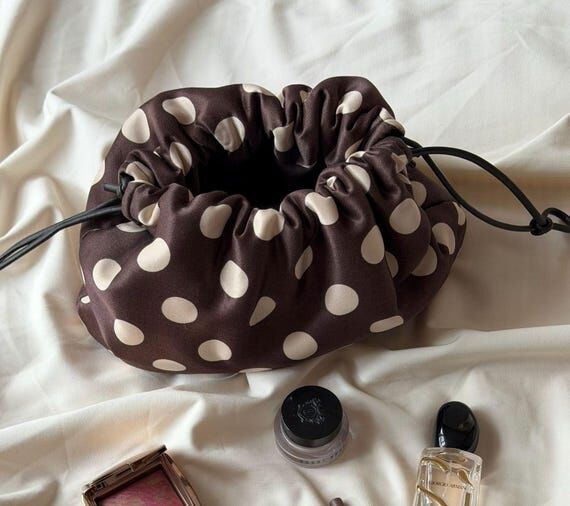 Brown Polka Dot Makeup Bag, Drawstring Cosmet...