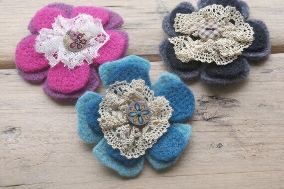 Handmade Felt Flower Brooch Trio: Cottage Gar...