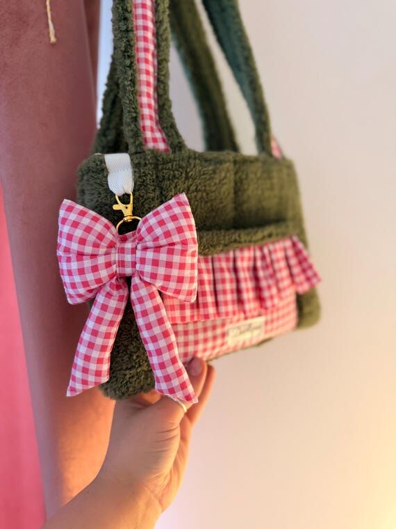 Handmade Green & Pink Gingham Tote Bag with P...