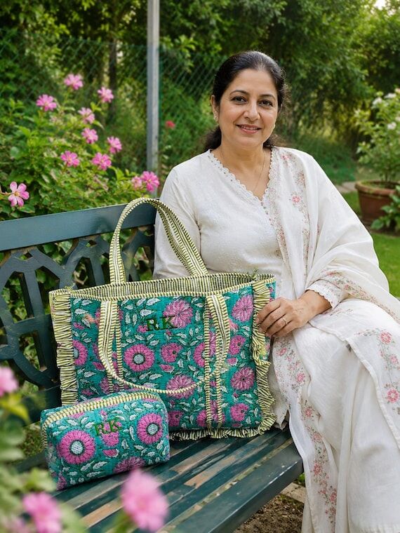 Large cotton quilted frill tote bag with cosm...