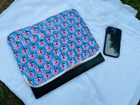 Block Printed Cotton Quilted Laptop Sleeve, M...