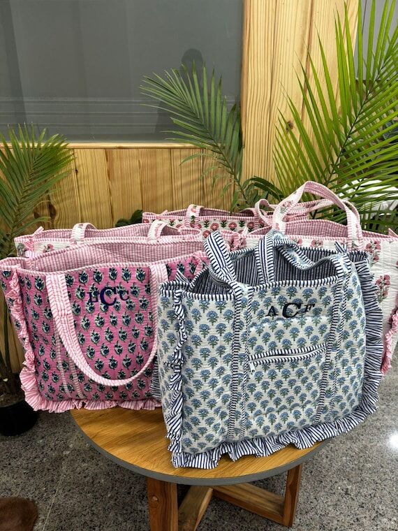 Hand Block Printed Cotton Quilted ruffle bag:...