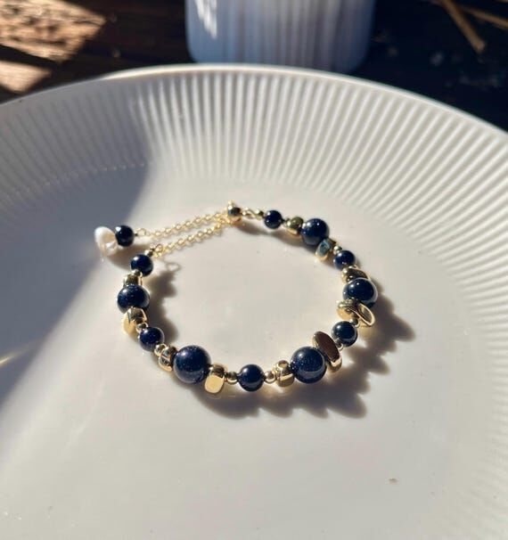 Blue Goldstone Bracelet 14k Gold Filled Beade...