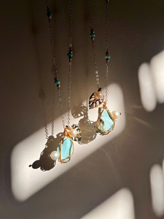 Turquoise Pearl Necklace – Handmade 14K Gol...