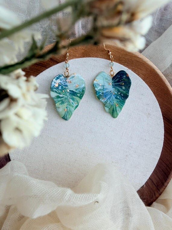 Hand Painted Alocasia Leaf Dangle Earrings, G...