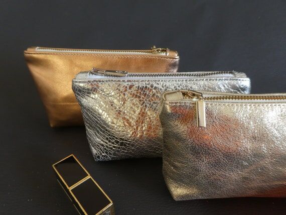 Metallic genuine leather small cosmetic bag f...