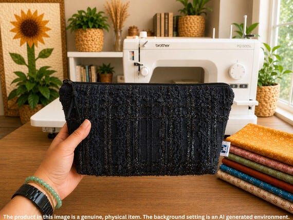 Black Wool Tweed Zipper Pouch, Large Project ...
