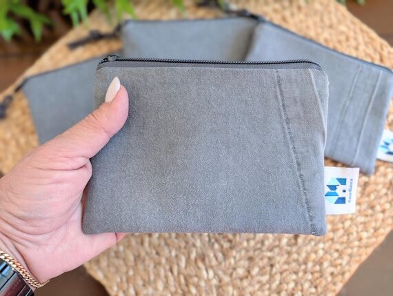 Upcycled Gray Mini Zip Pouch, Handmade Recycl...