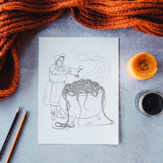 Halloween Retro Witch Cauldron Art Print, Mag...