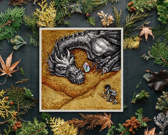 Smaug the Dragon Sleeping on Gold Treasure Ho...