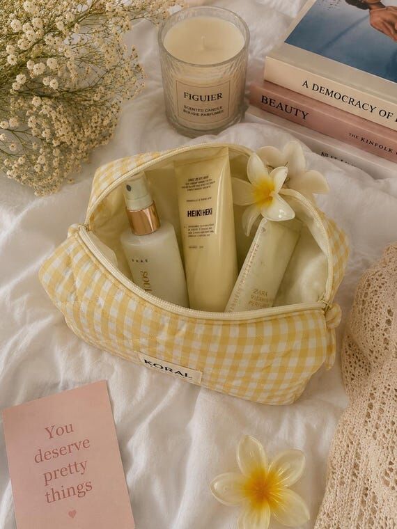 Yellow Gingham Quilted Makeup Bag, Cosmetic B...