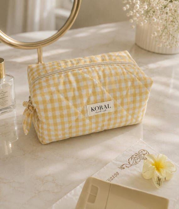 Handmade Yellow Quilted Checkered Cosmetic Ba...