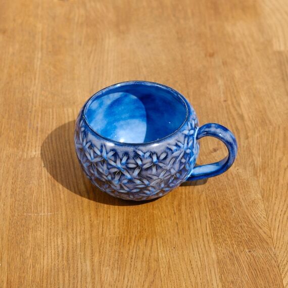 Big blue stoneware colorful coffee mug made b...
