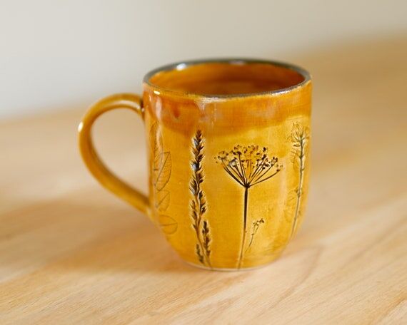 Yellow coffee mug handcrafted pottery stonewa...
