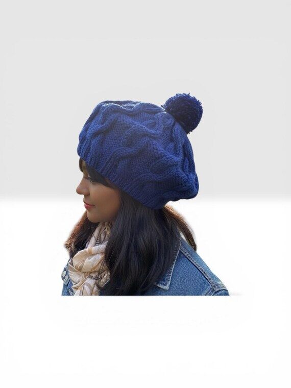 Royal Blue Cable Knit Beret with Pom-Pom – ...