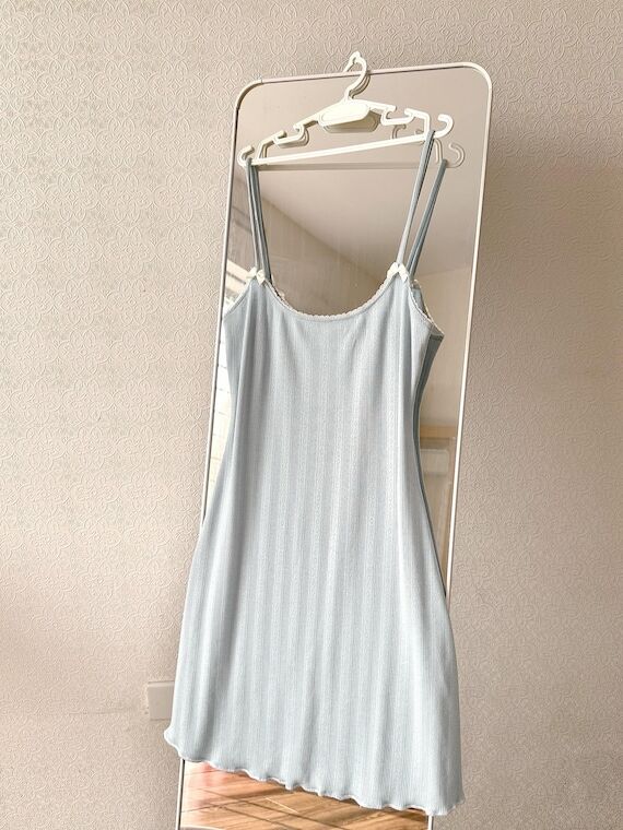 Ribbed Cotton Slip Dress: Soft Lace Trim, Bow...