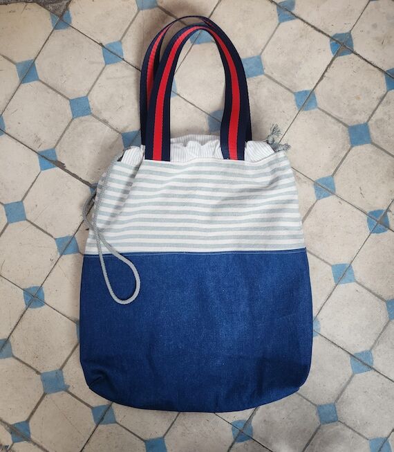 Large Tote Bag with Nautical Stripes and Deni...