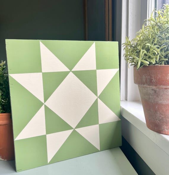 Hand-Painted Ohio Star Barn Quilt – Sage Gr...