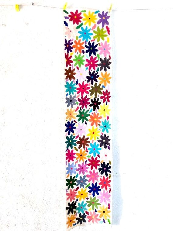 Otomi Hand Embroidered Floral Table Runner,...