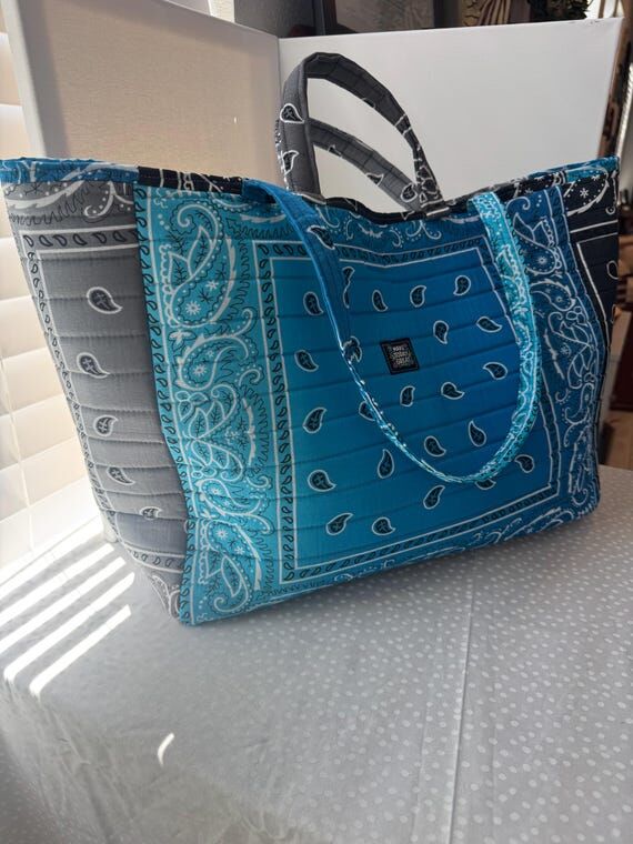 Oversized Blue Bandana Tote Bag | Quilted Pai...