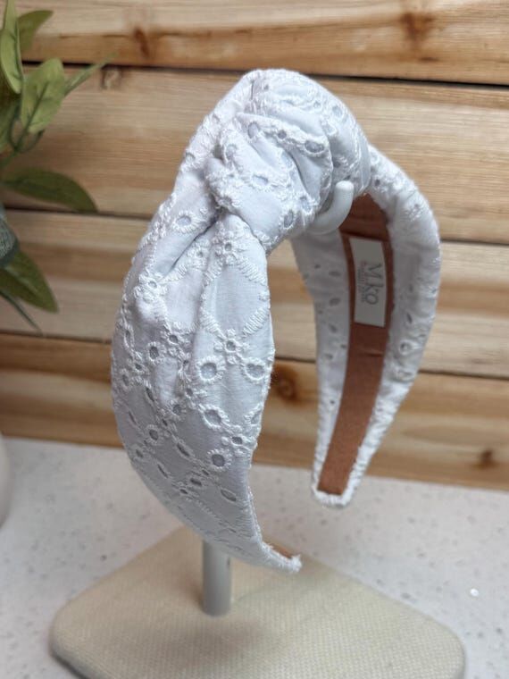Handmade White Eyelet Knotted Headband, Cotta...