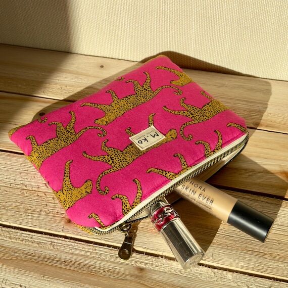 Handmade Cotton Makeup Pouch, Pink Leopard Pr...