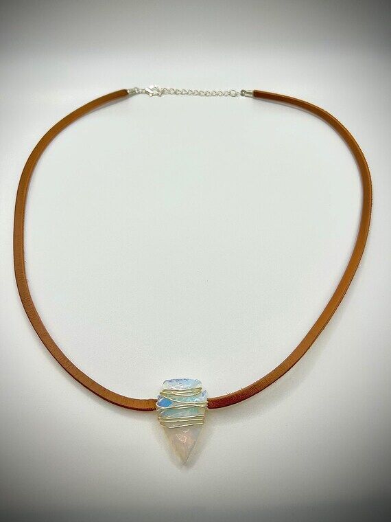 Opalite crystal arrowhead stone, genuine leat...