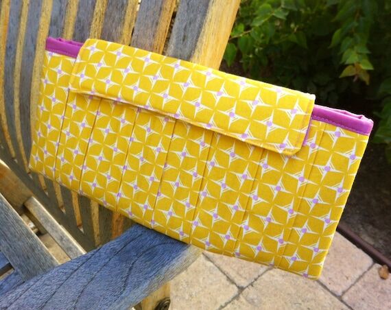 Pleated Yellow Cotton Clutch Purse, Pink Lini...