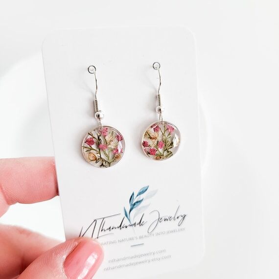 Pressed Flower Earrings, Dainty Floral Jewelr...
